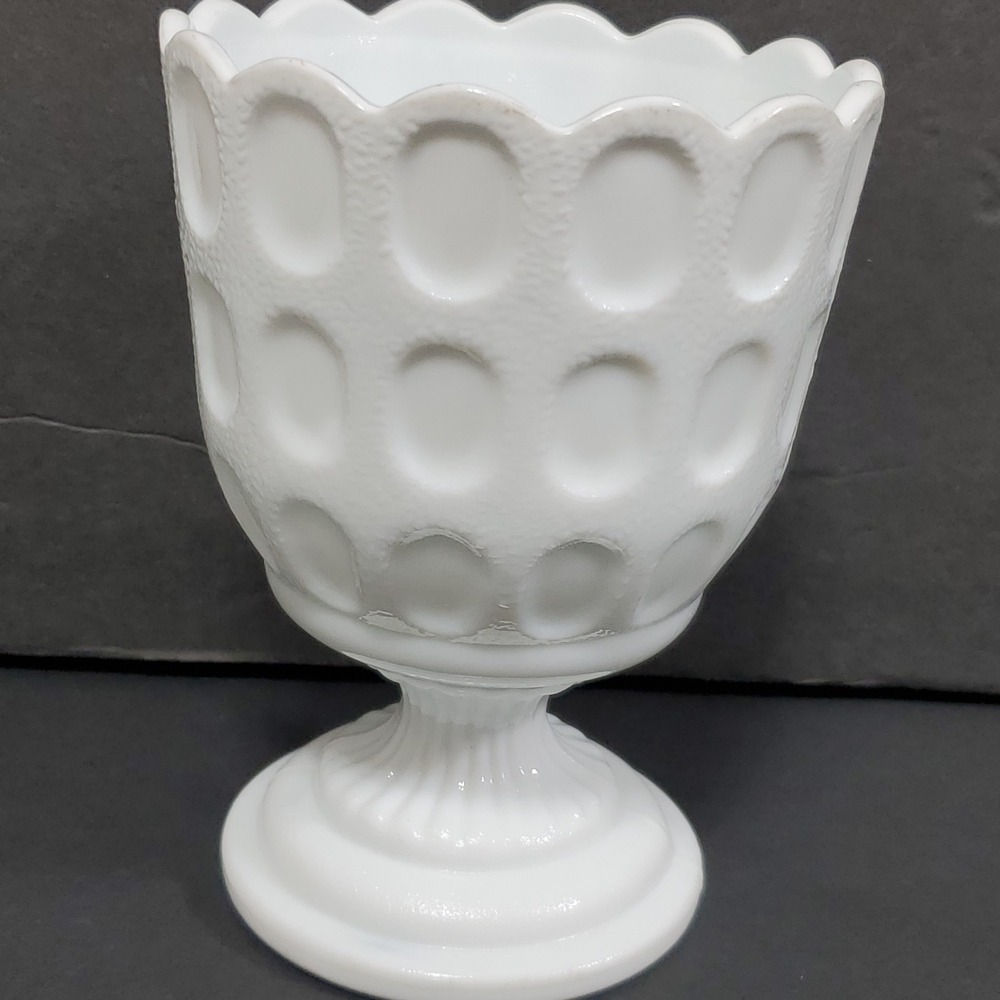 E.O. Brody Milk Glass Vase M4200‎ White Scalloped Thumbprint Pedestal 6"